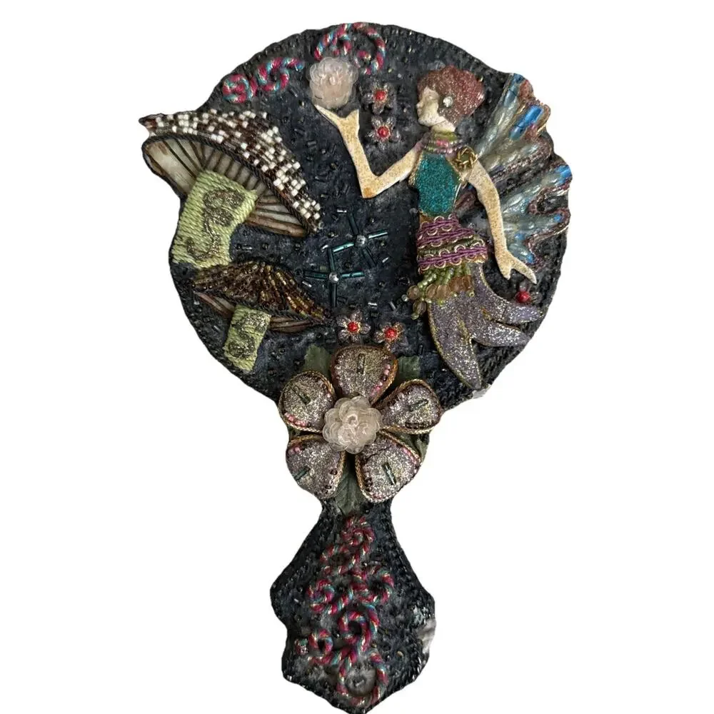 Vintage Beaded hand mirror with fairy mushroom and floral patterns